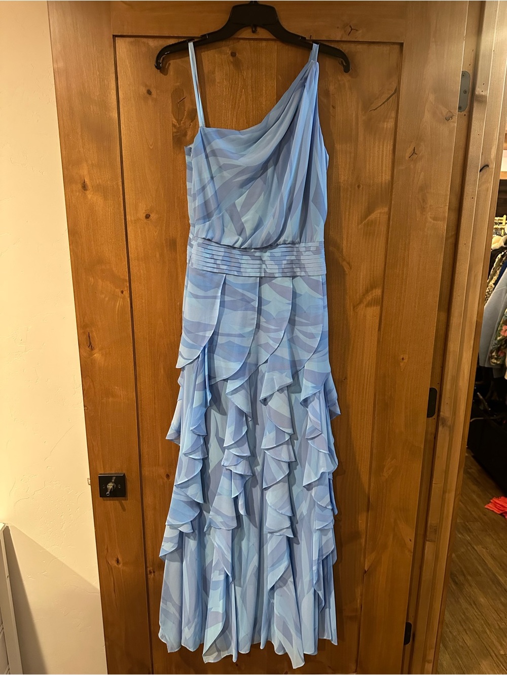 BCBGMaxAzria One-Shoulder Sky Blue Ruffle Gown - Picture 2 of 6